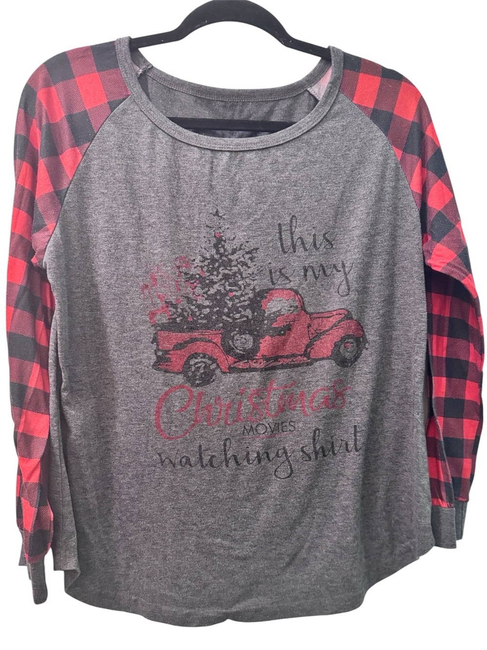 Gray & Red Plaid Christmas Truck Long Sleeve Top